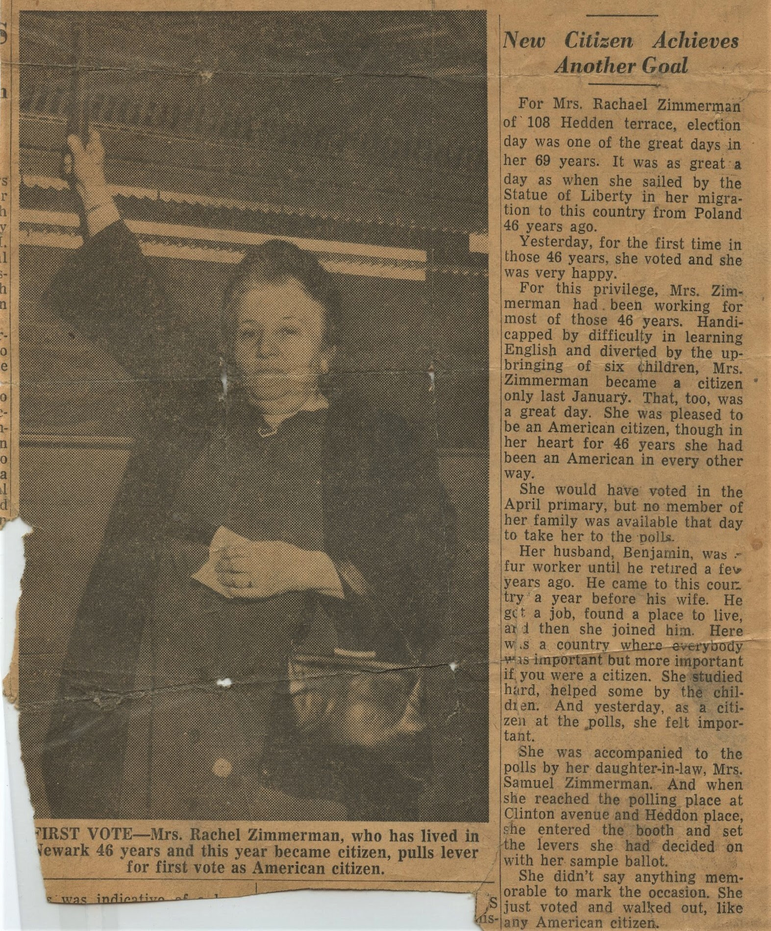 Mrs. Rachel Zimmerman, grandmother of Rita Bloomfield of Passaic