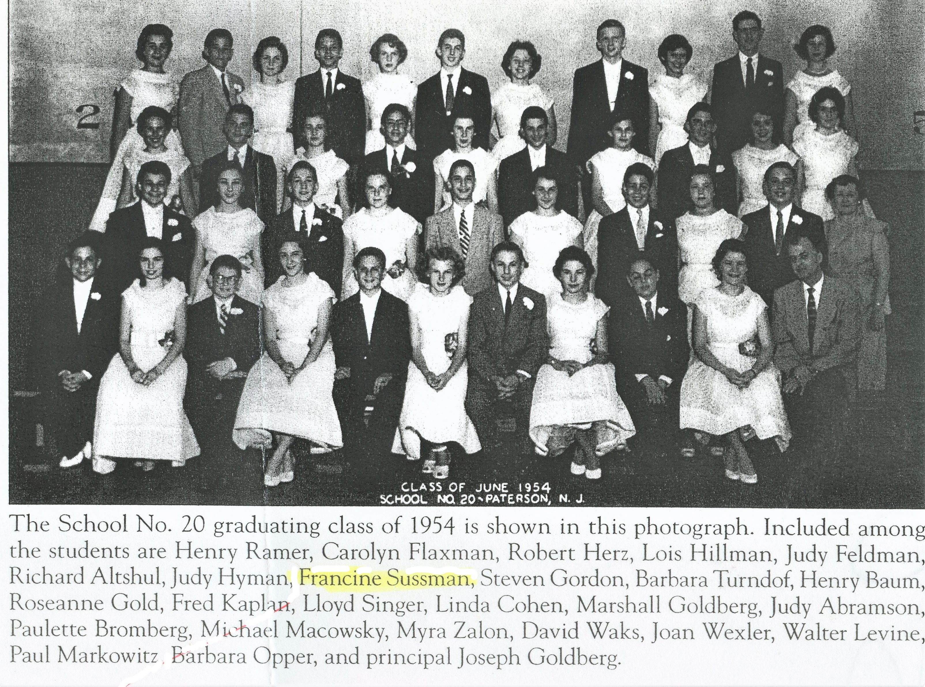 Henry Ramer, Carolyn Flaxman, Robert Herz, Lois Hillman, Judy Feldman, Richard Altshul, Judy Hyman, Francine Sussman, Steven Gordon, Barbara Turndof, Henry Baum, Roseanne Gold, Fred Kaplan, Lloyd Singer, Linda Cohen, Marshall Goldberg, Judy Abramson, Paulette Bromberg, Michael, Macowsky, Myra Zalon, David Waks, Joan Wexler, Walter Levine, Paul Markowitz, Barbara Opper, Joseph Goldberg