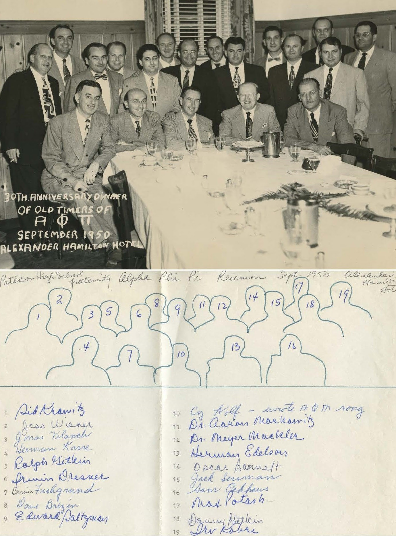 Sid Krawitz, Jess Wiener, Jonas Vilanch, Herman Kasse, Ralph Gitkin, Irwin Dresner, Bernie Fishgrund, Dave Brezin, Edward Saltzman, Cy Wolf (wrote AOPi song), Dr. Aaron Markowitz, Dr. Meyer Mackler, Herman Edelson, Oscar Barnett, Jack Susman, Sam Echhaus, Max Potash, Danny Gitkin, Irv Kobre