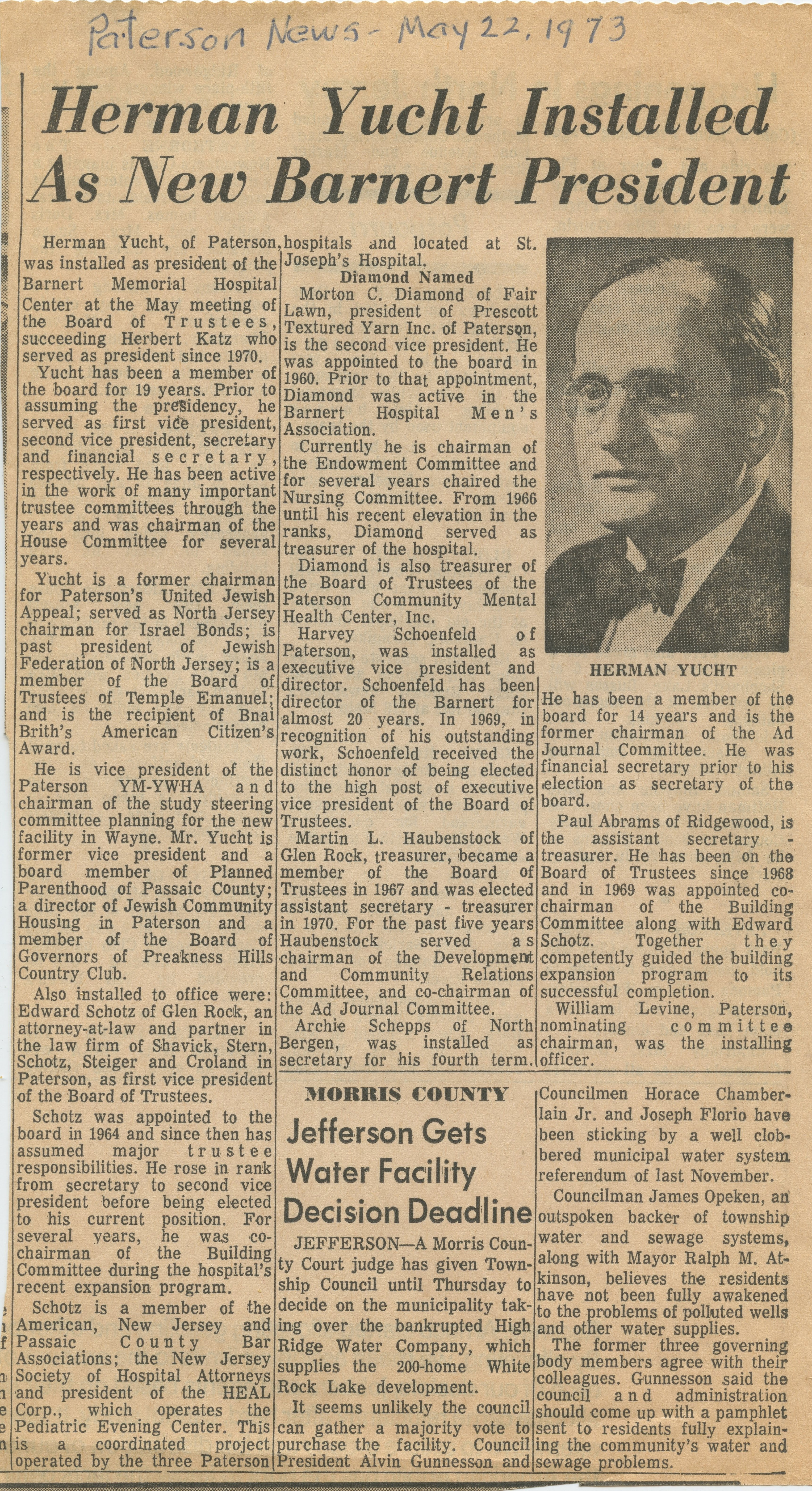 Herman Yucht, succeeding Herbert Katz Barnert Hospital President, Paterson NJ, 1973