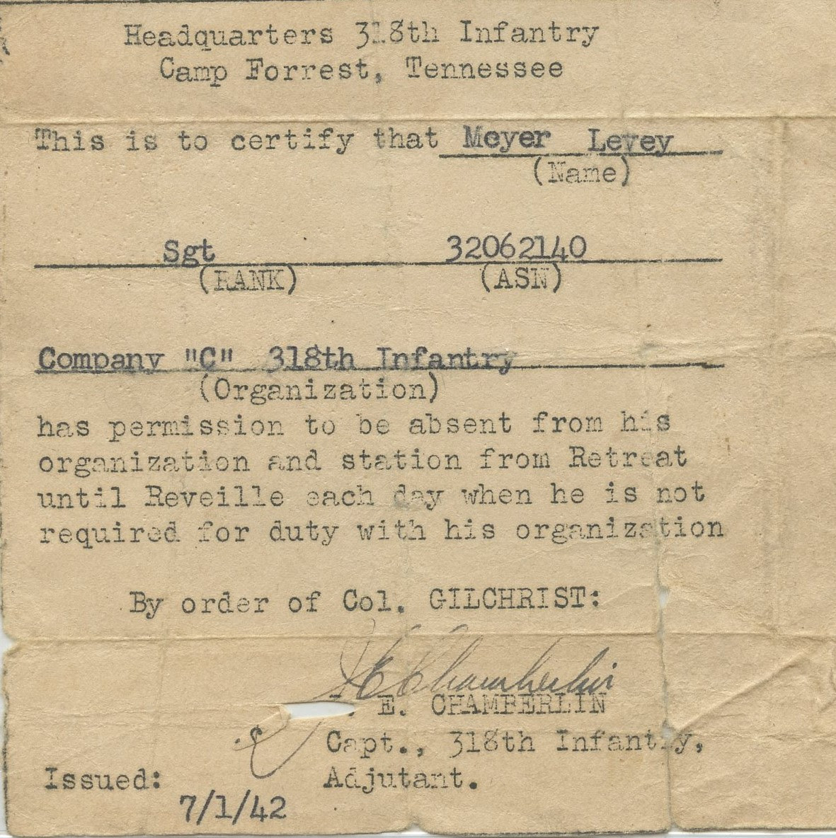 Captain Chamberlin, Colonel Gilchrist, 318th Infantry, Camp Forrest, Tennessee, 1942