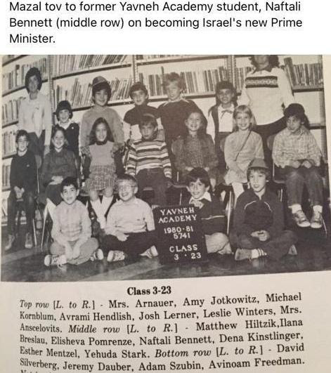 Yavneh Academy graduation, 1941, Mrs. Arnauer, Amy Jotkowitz, Michael Kornblum, Avrami Hendlish, Josh Lerner, Leslie Winters, Mrs. Anscelovits, Matthew Hiltzik, Ilana Breslau, Elisheva Pomrenze, Naftali Bennet, Dena Kinstlinger, Esther Mentzel, Yehuda Stark, David Silverberg, Jeremy Dauber, Adam Szubin, Avnoam Freedman