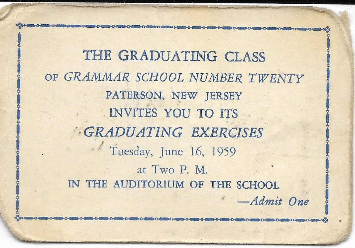 Paterson NJ Grammar School No. 20, Graduation Exercises Invitation, June 16,1959