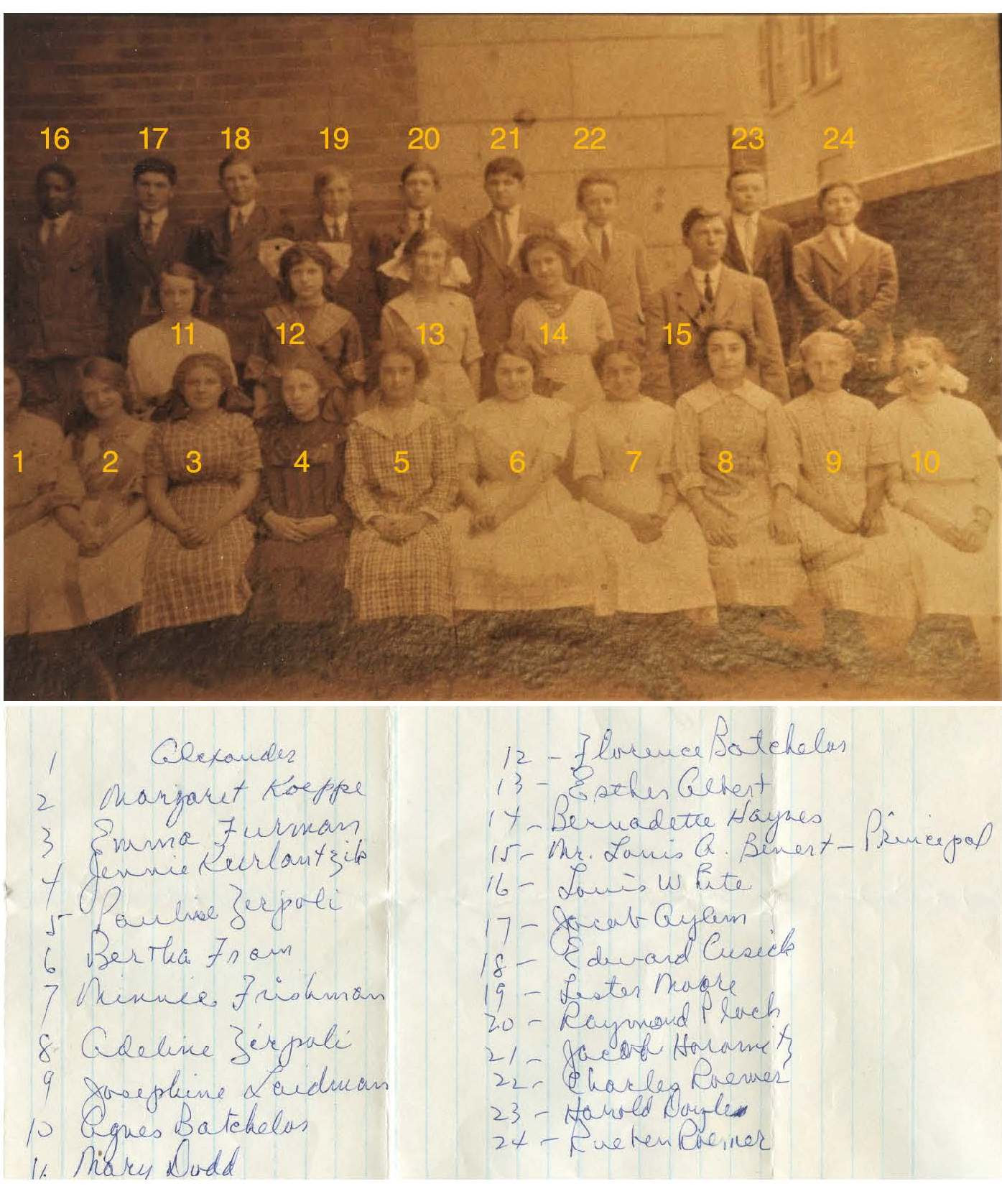 Paterson NJ P.S. 3 graduation, Bernadette Haynes, Mr. Louis A. Benert (Principal), Louis White, Jacob Aylum, Edward Susick, Lester Magre, Raymond Ploch, Jacob Horowitz, Charles Roemer, Harold Doyles, Reuben Roemer