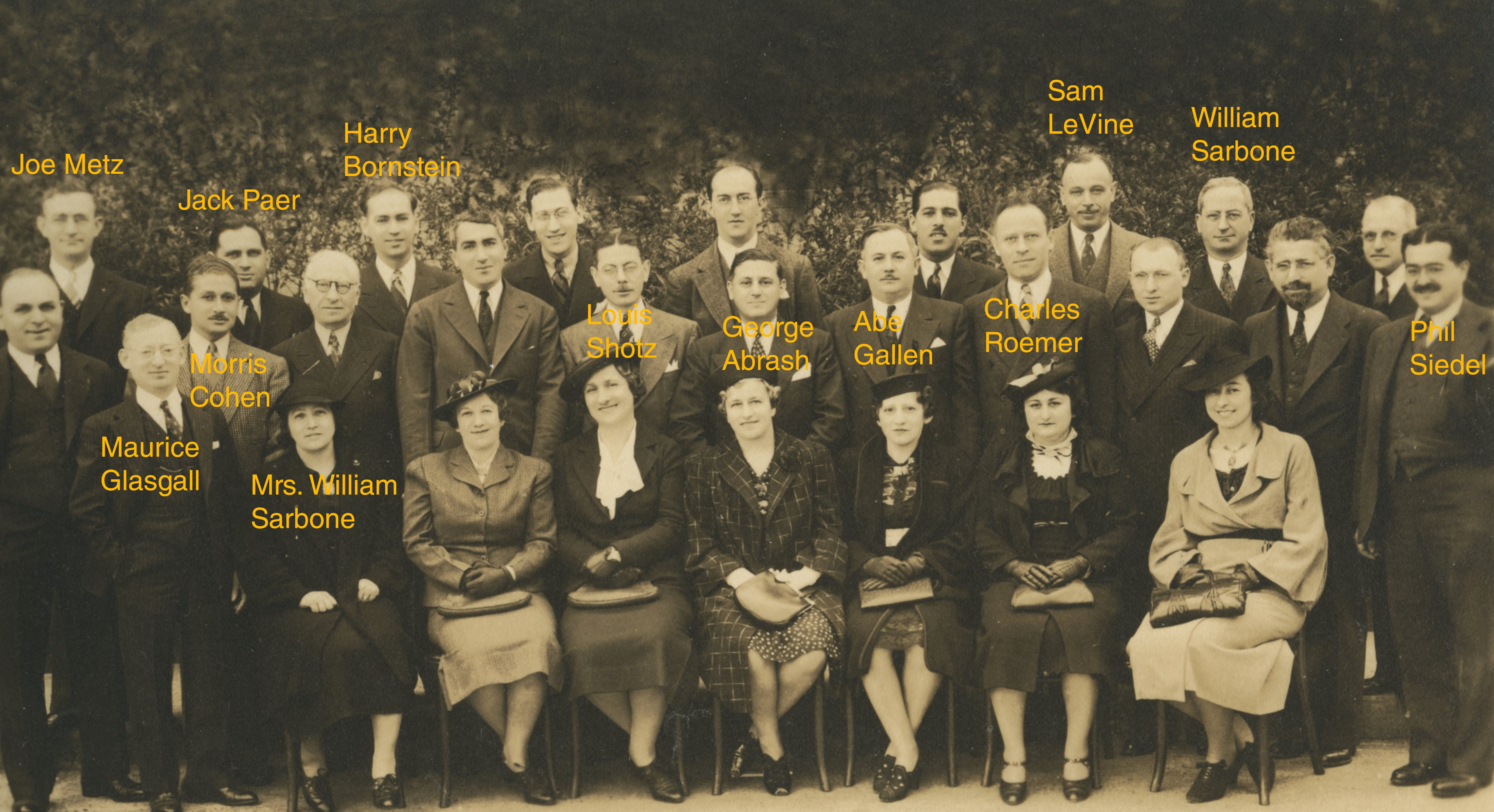 Paterson NJ group photo, Joe Metz, Jack Paer, Harry Bornstein, Sam LeVine, William Sarbone & wife, Phil Siedel, Charles Roemer, Abe Gallen, George Abrash, Louis Shotz, Morris Cohen, Maurice Glasgall.