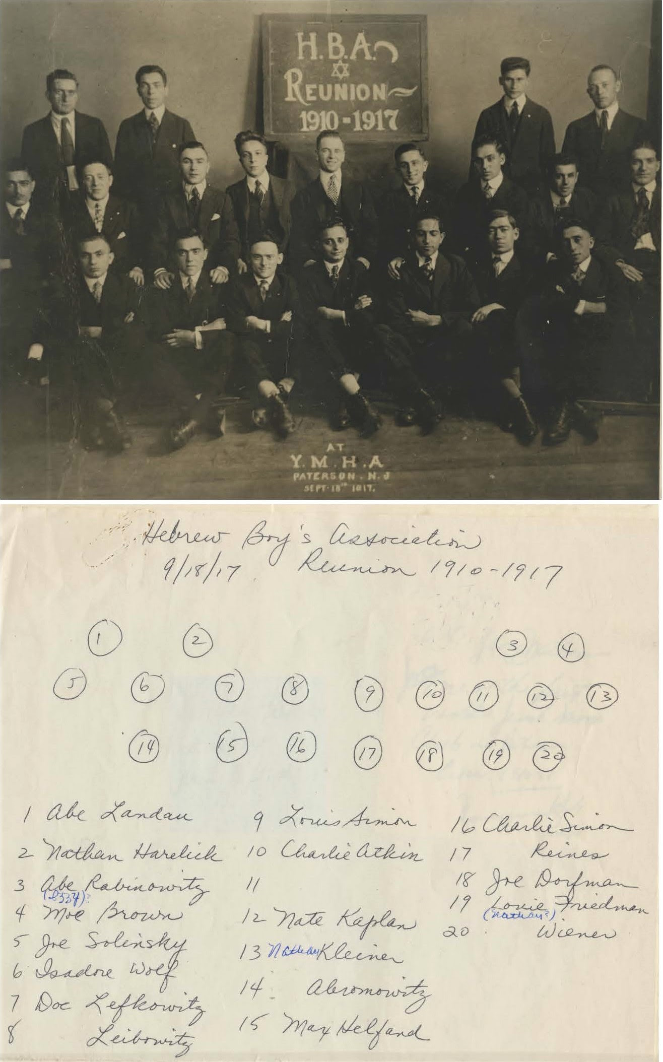 Paterson NJ, 1917, Abe Landau, Nathan Harelick, Abe (Izzy) Rabinowitz, Moe Brown, Joe Solinsky, Isadore Wolf, Doc Lefkowitz, Leibowitz, Louis Simon, Charlie Atkin, Nate Kaplan, Nathan Kleiner, Abromowitz, Max Helfand, Charlie Simon, Reines, Joe Dorfman, Louie Friedman, Wiener