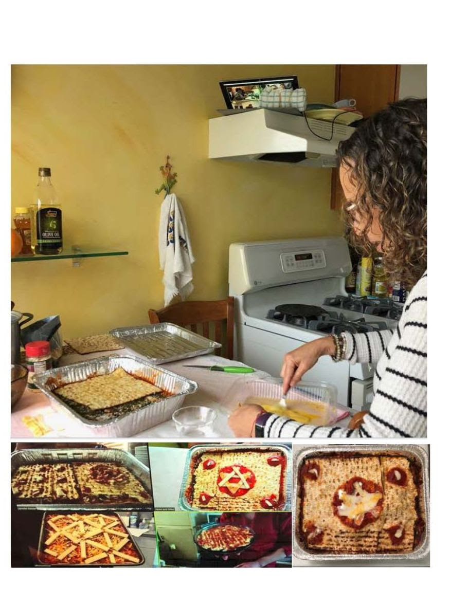 Karen Jurman, United Synagogue of Hoboken, cooking Matzah Lasagna, Hoboken NJ, 2020