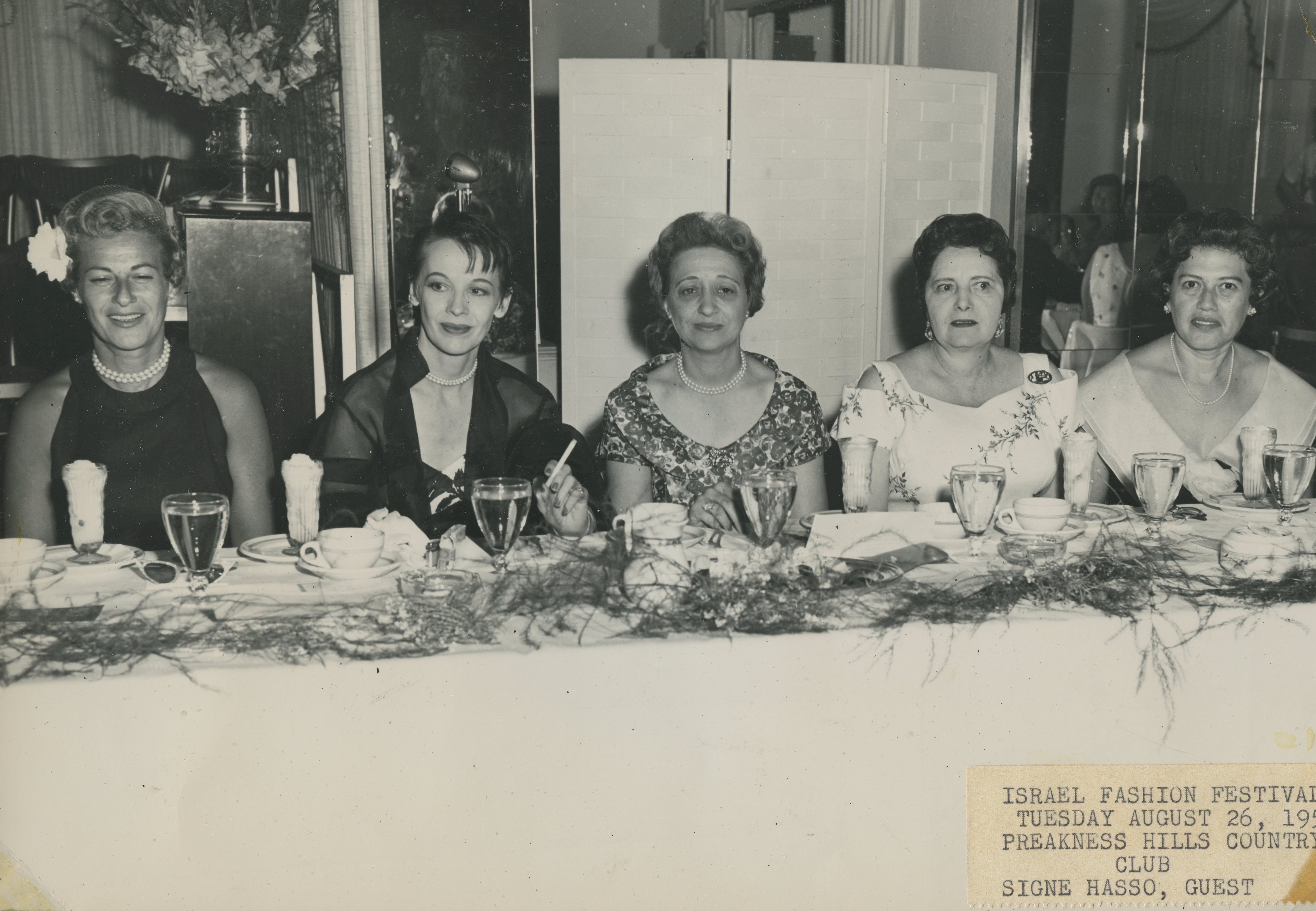 Preakness Hills Country Club, Wayne NJ, Fashion Festival, 1958, Mrs. Samuel Sunshine, Signe Hasso, Mrs. Raymond Kramer, Mrs. Paul Dunkelman, Mrs. Herman Yucht