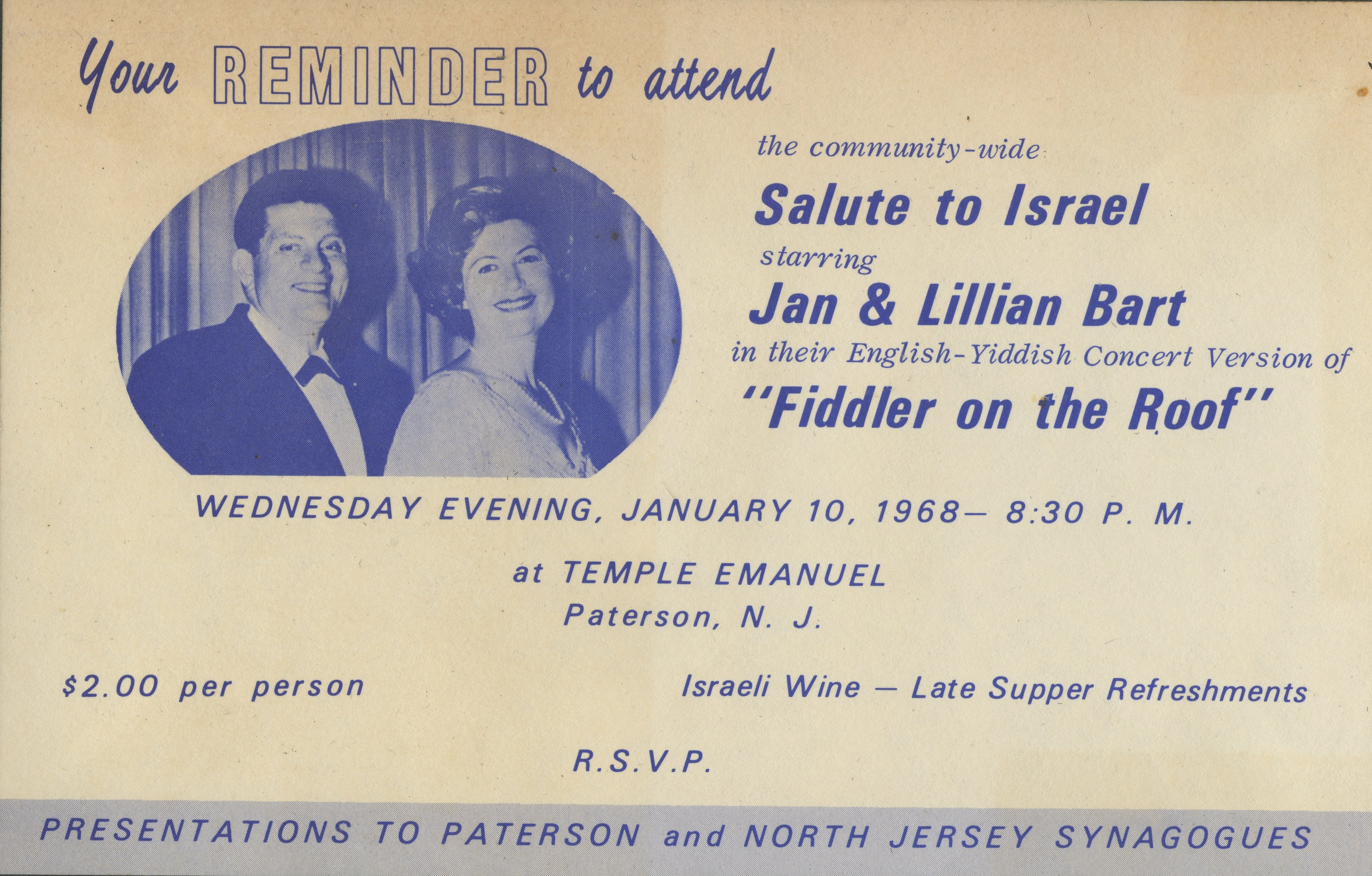 Fiddler on the Roof, Jan & Lillian Bart, 1968, Temple Emanuel, Paterson NJ