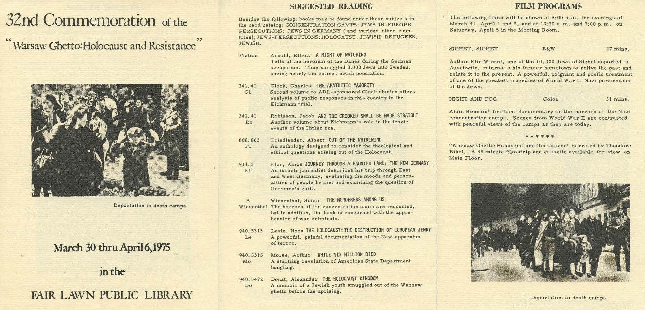 Program pamphlet, Warsaw Ghetto-Holocaust and Resistance exhibit, Fair Lawn Public Library, Fair Lawn, NJ, 1975