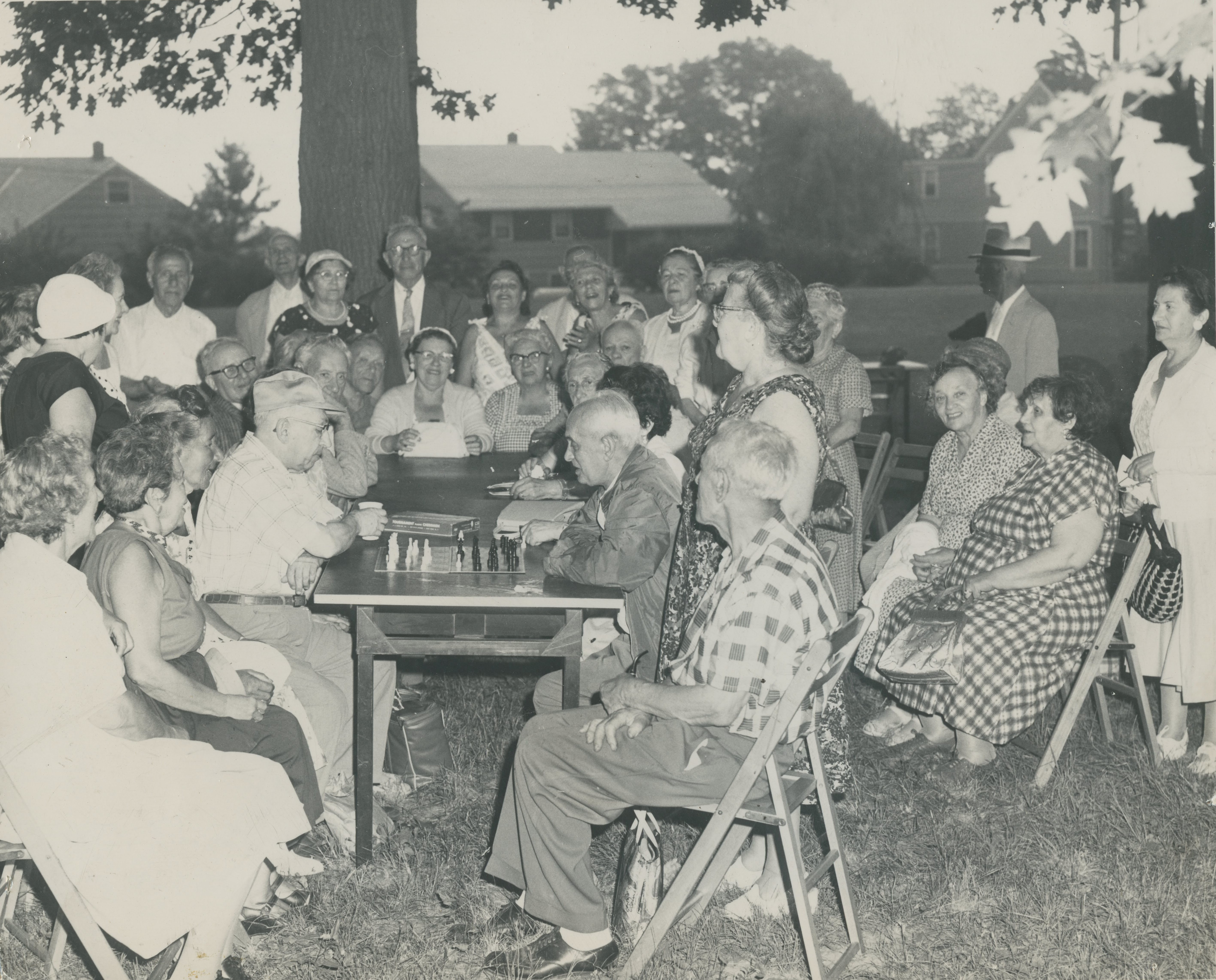 Daughters Miriam Golden Club, Northern New Jersey, seniors picnic chess game, 1960