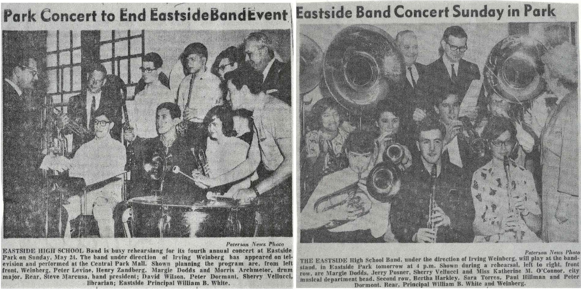 Paterson Eastside High School Band, Paterson NJ, Peter Levine, Henry Zandberg, Margie Dodds, Morris Archmetor, Steve Marcusa, David Wilson, Peter Dormant (Dormont), Sherry Vellucci, William B. White, Jerry Posner, Katherine M. O'Connor, Berth Harkley, Sara Torres, Paul Hillman.