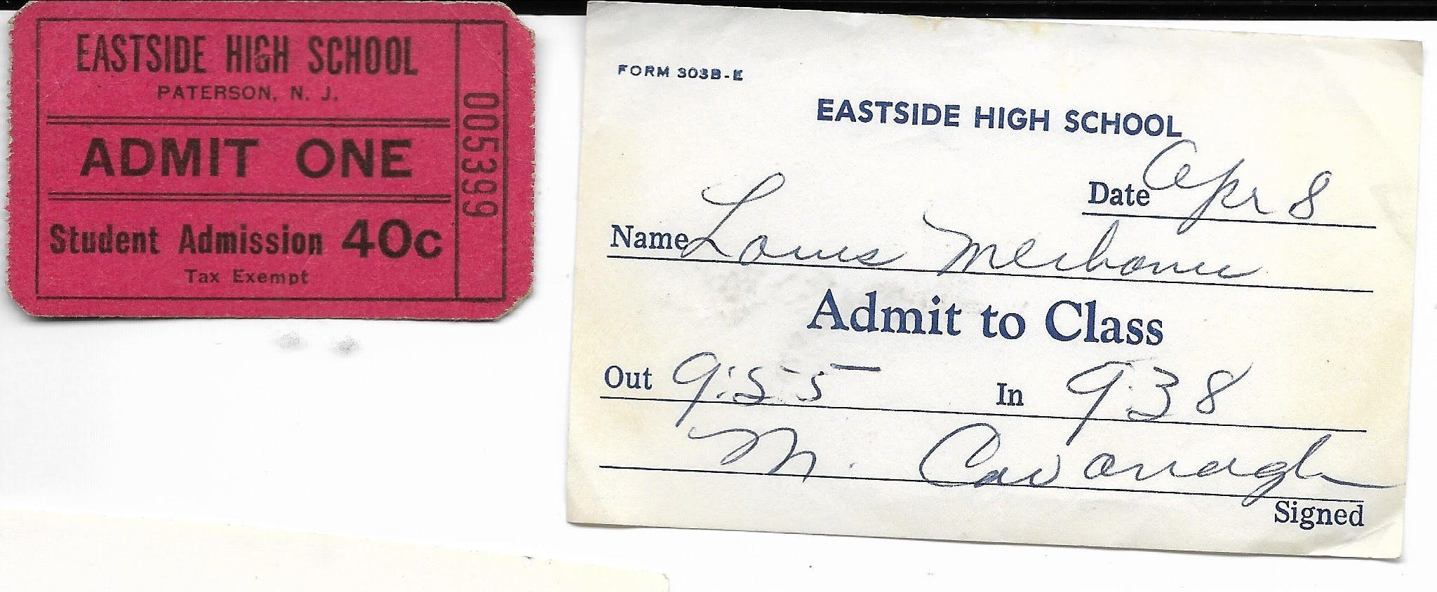 Paterson (New Jersey) Eastside High School $0.40 student admission ticket, "admit to class pass" Nurse Mary Cavanagh