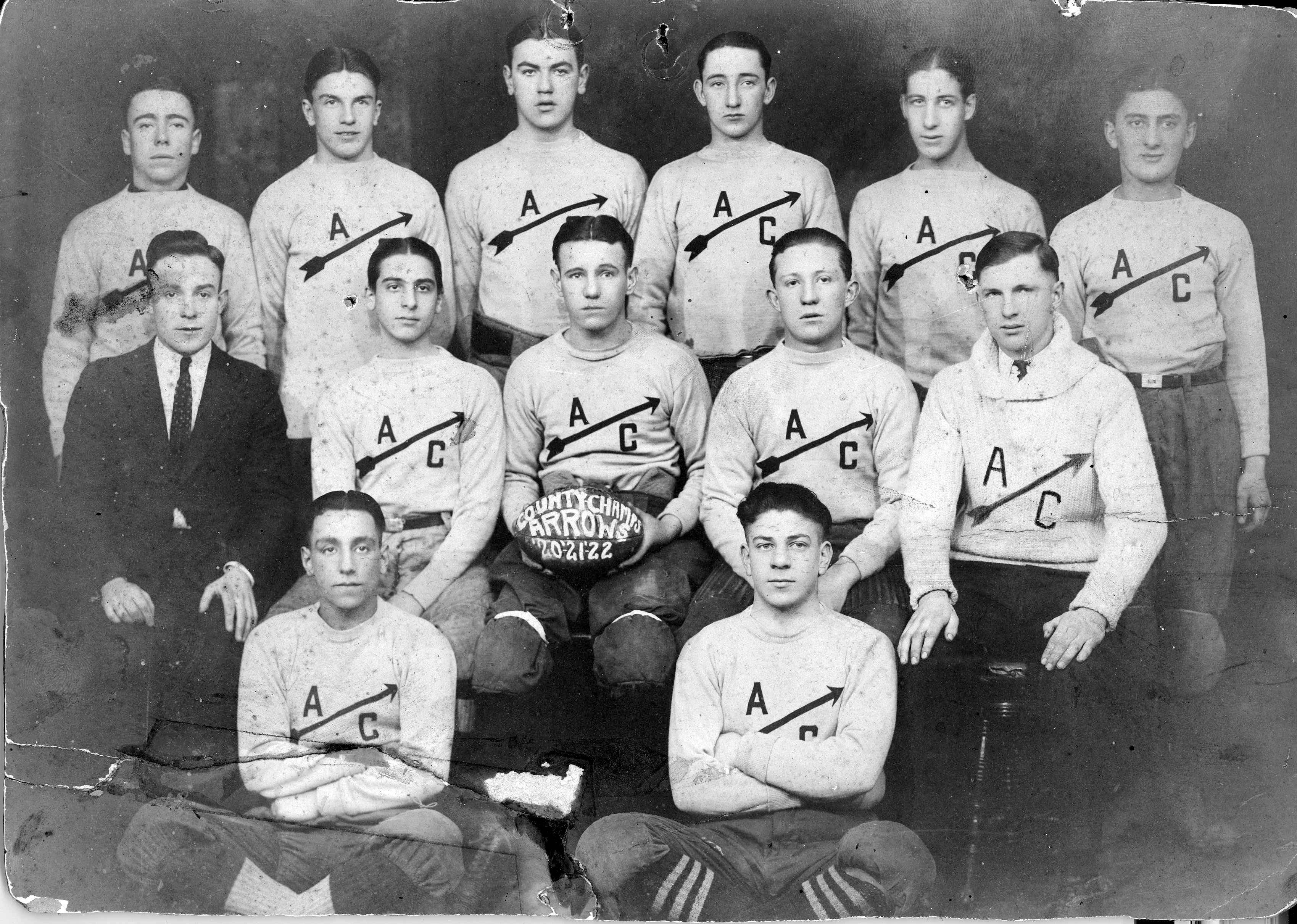 Arrows AC Football Team 1920-22, Paterson NJ, Robert Labraico, Herbert Denn, James "Hope" Brophy, John Bakos, Mort Rittenberg, Ted Rosenberg, James "Hope" Brophy Award