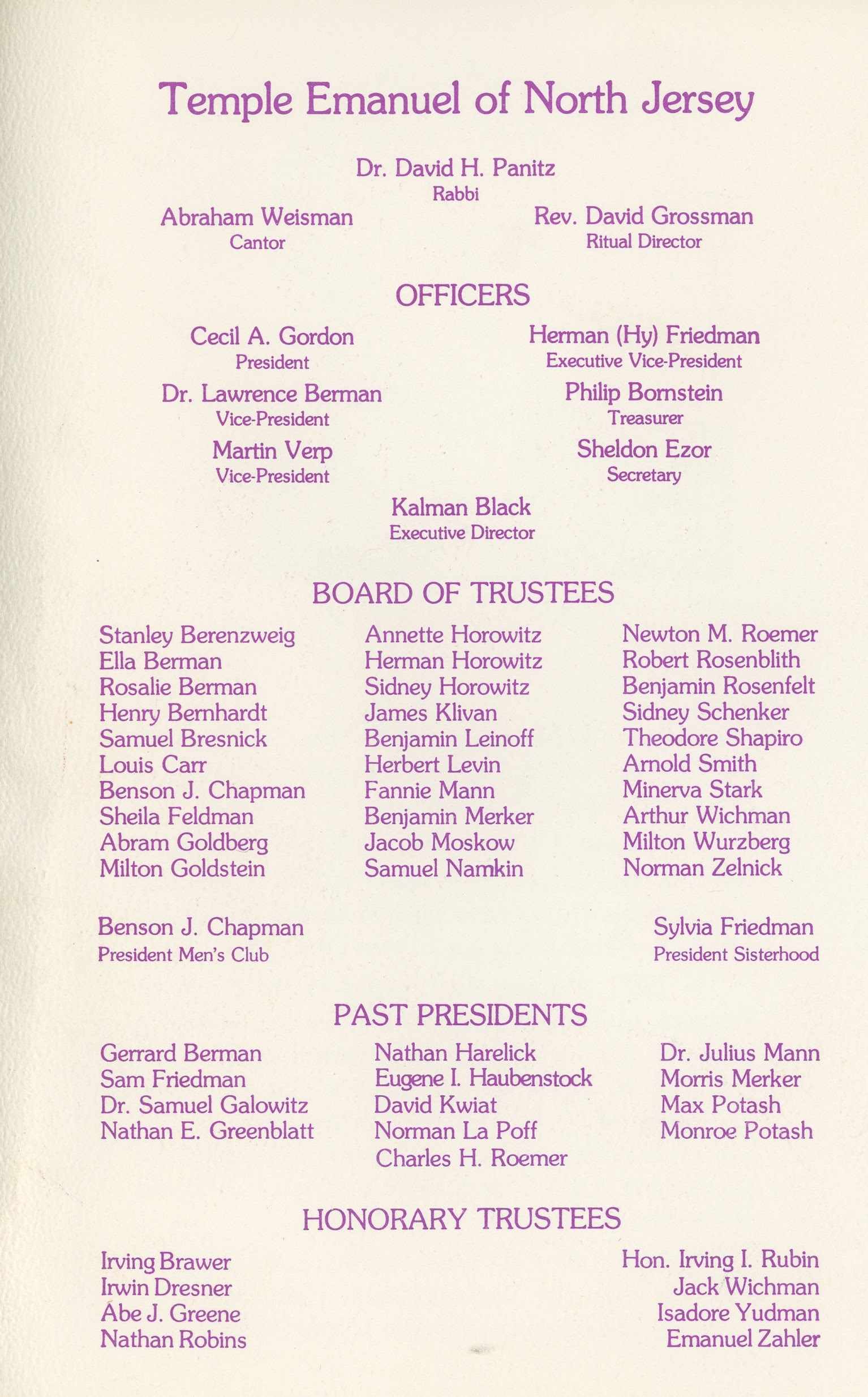 Temple Emanuel of North Jersey, Paterson New Jersey, Clergy, Officers, Board of Trustees, Past Presidents, Honorary Trustees, 1980