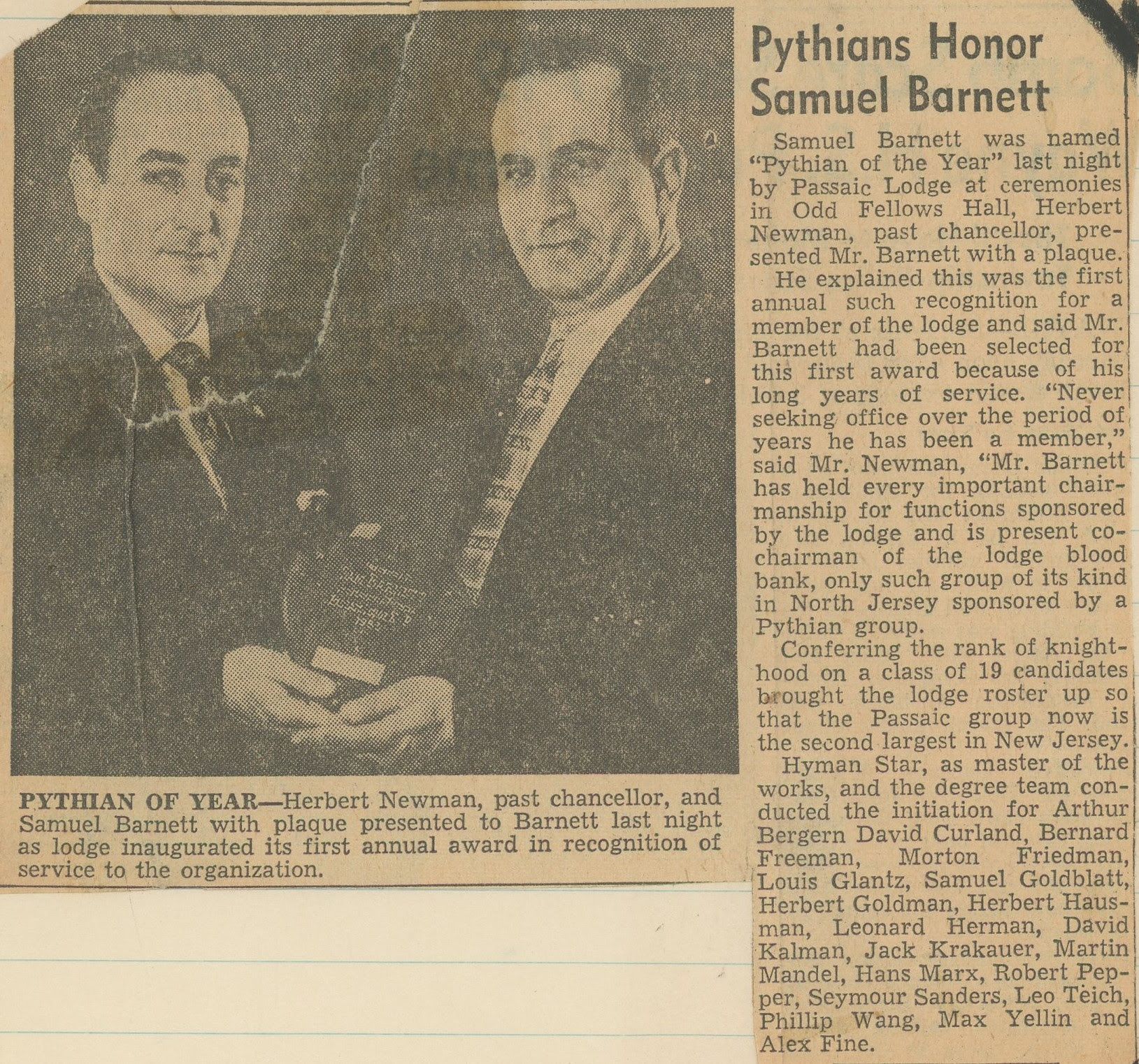 Samuel Barnett as “Pythian of the Year”, May 1956.