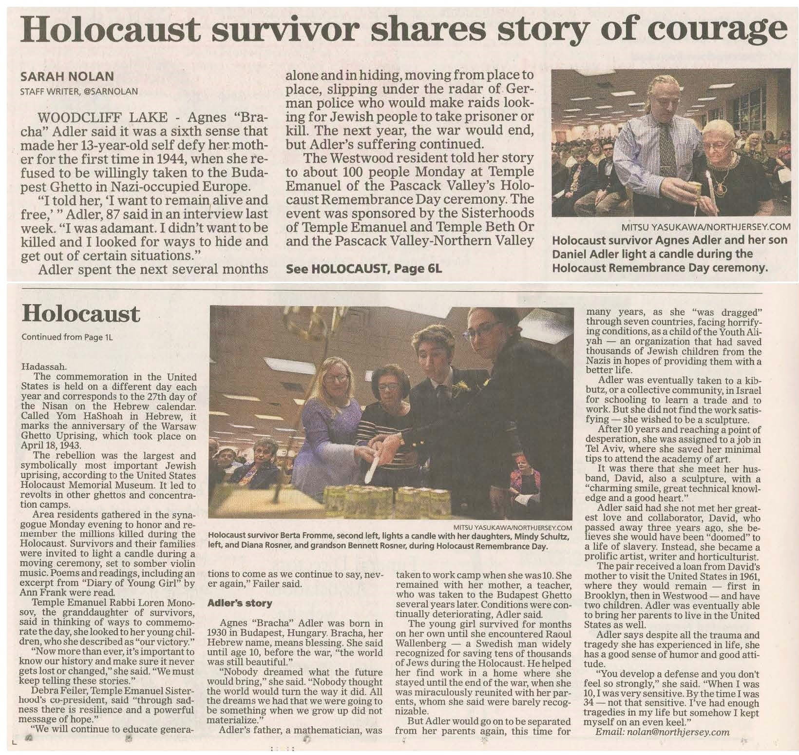 Temple Emanuel, Temple Beth Or, Pascack Valley-Northern Valley Hadassah, New Jersey, Agnes Adler survivor story of courage, Rabbi Loren Monosov, Pascack Valley Holocaust Remembrance Day, Youth Aliyah organization
