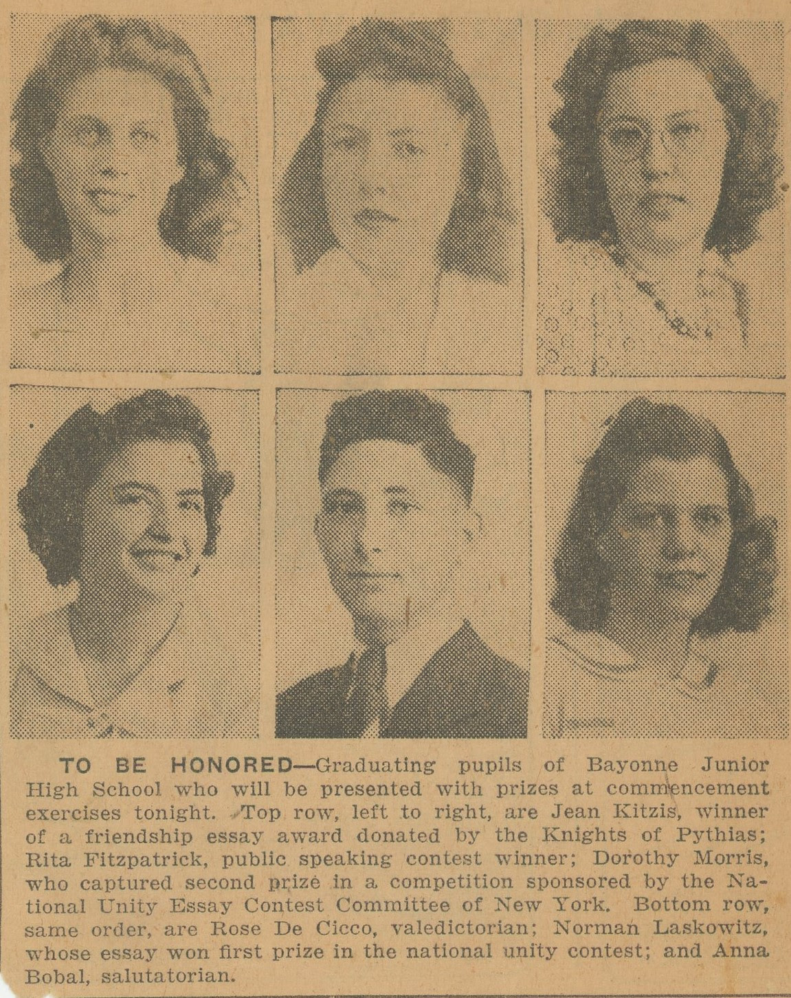 Bayonne (New Jersey) Junior High School, graduation honorees, 1941, Jean Kitzis, Rita Fitzpatrick, Dorothy Morris, Rose De Cicco, Norman Laskowitz, Anna Bobal