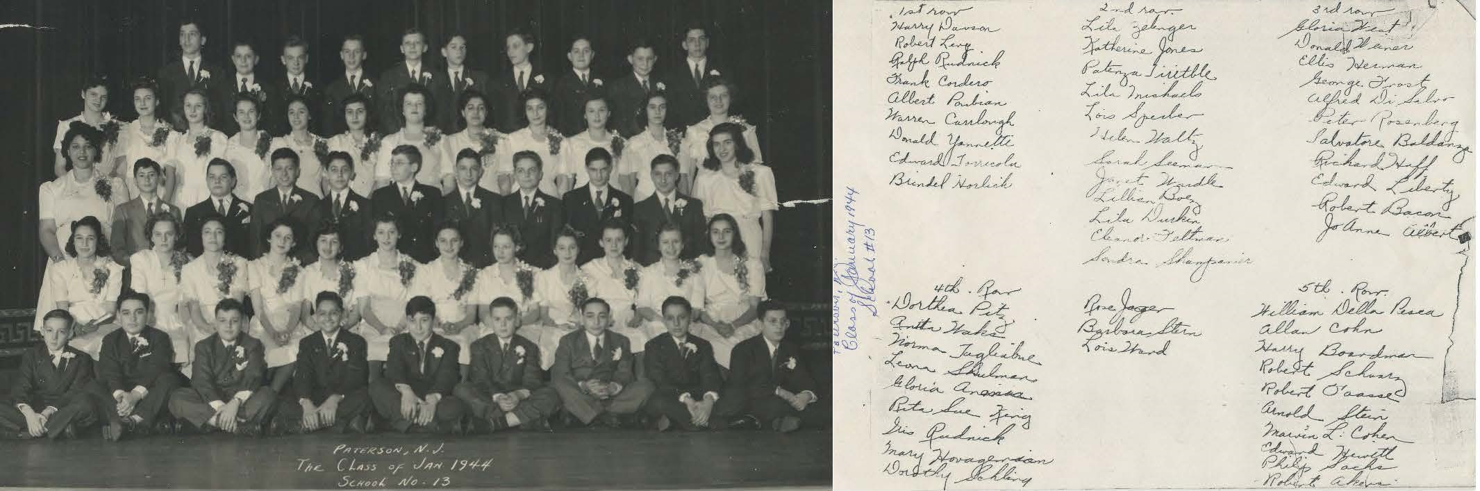 Paterson NJ, 1944, Harry Dawson, Robert Levy, Ralph Rudnick, Frank Cordero, Albert Poubian, Warren Carrlough, Donald Yannetti, Edward Torricola, Brindel Horlich, Lila Zelinger, Katherine Jones, Patenza Iiritble, Lila Michaels, Louis Sperber, Helen Waltz, Sarah Seeman, Janet Wardle, Lillian Boez, Lila Durkin, Eleanor Feltman, Sondra Shampanier, Rose Jager, Barbara Stern, Lois Ward, Gloria West, Donald Weiner, Ellis Herman, George Frost, Alfred Di Salvo, Peter Rosenberg, Salvatore Baldanza, Philip Sachs