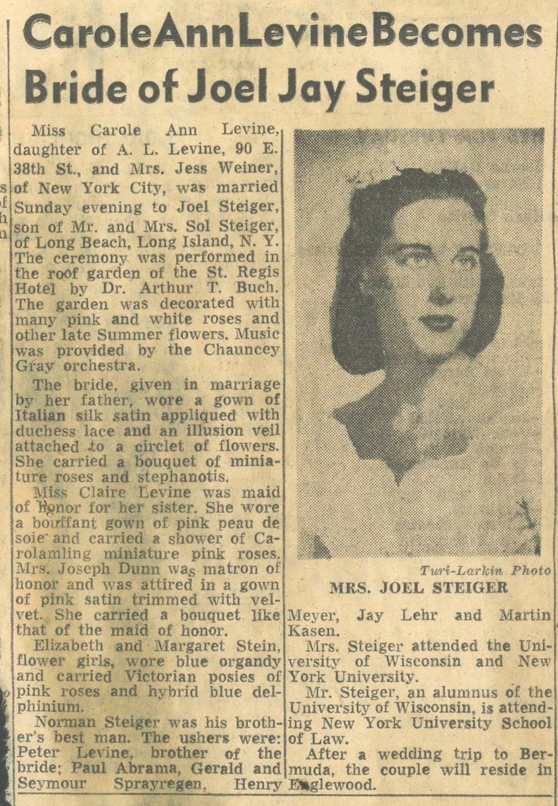 Wedding, St. Regis Hotel NYC, 1956, Carole Ann Levine, Paterson New Jersey, Joel Jay Steiger, Long Beach, NY, Dr. Arthur T. Buch, Claire Levine, Mrs. Joseph Dunn, Elizabeth & Margaret Stein, Norman Steiger, Peter Levine, Paul Abrama, Gerald and Seymour Sprayregan, Henry Meyer, Jay Lehr, Martin Kasen