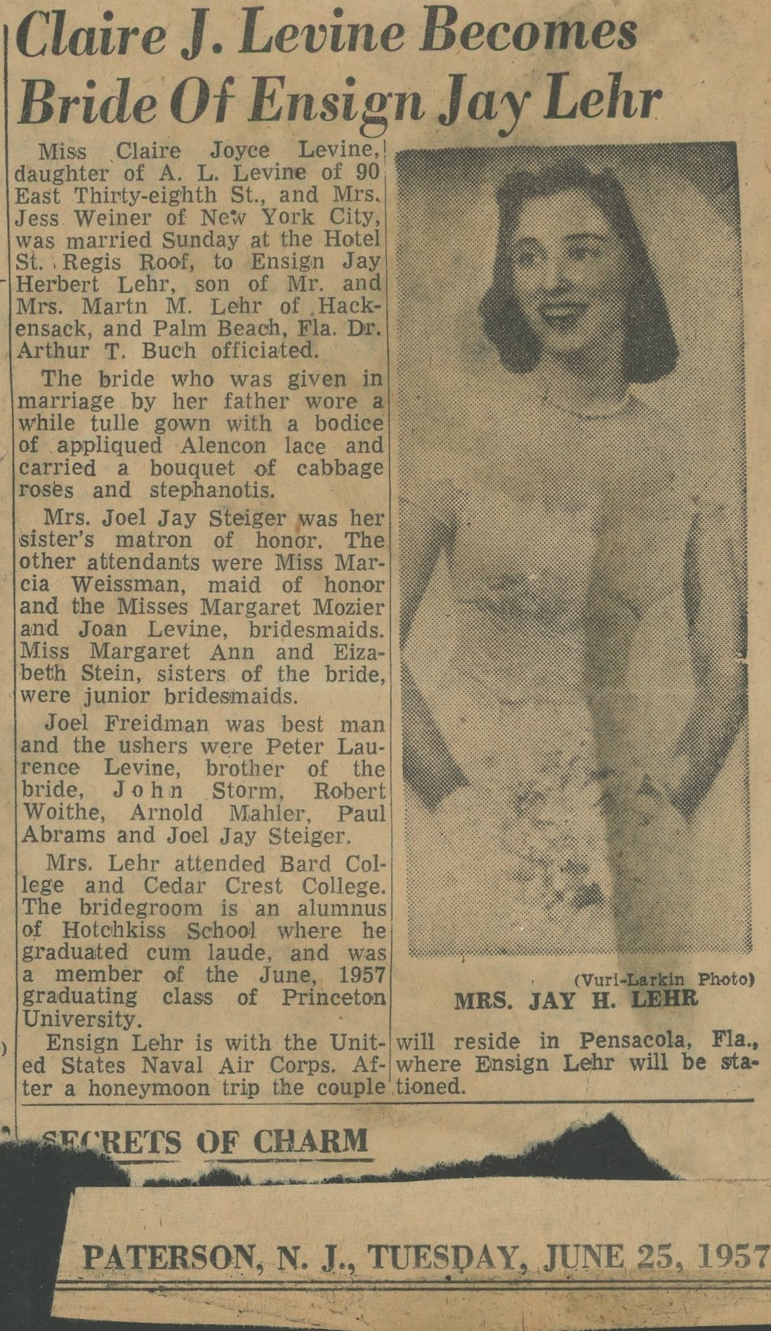 Wedding, 1957, Claire J. Levine, Paterson New Jersey, Jay Herbert Lehr, Hackensack New Jersey, Dr. Arthur T. Buch, Mrs. Joel Jay Steiger, Marcia Weissman, Margaret Mozier, Joan Levine, Margaret Ann and Elizabeth Stein, Joel Freidman, Peter Laurence Levine, John Storm, Roberth Woithe, Arnold Mahier, Paul Abrams