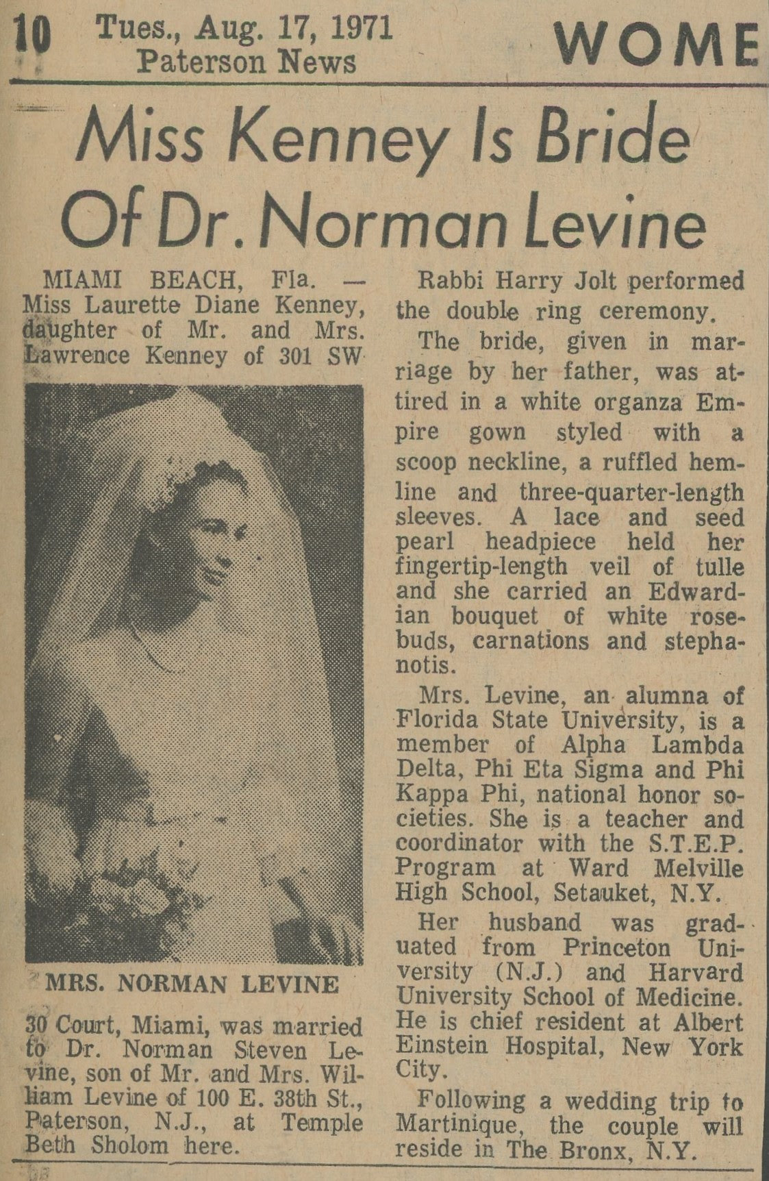 Wedding announcement, Laurette Diane Kenney, Miami Florida, Dr. Norman Levine, Paterson New Jersey, S.T.E.P. Program Ward Melville High School, Setauket New York, Albert Einstein Hospital NYC, Lawrence Kenney, William Levine