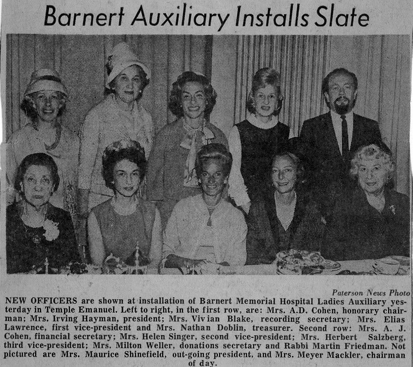 1964, Barnert Memorial Hospital Ladies' Auxiliary, Mrs. A.D. Cohen, Mrs. Irving Hayman, Mrs. Vivian Blake, Mrs. Elias Lawrence, Mrs. Nathan Doblin, Mrs. A.J. Cohen, Mrs. Helen Singer, Mrs. Herbert Salzberg, Mrs. Milton Weller, Rabbi Martin Friedman, Mrs. Maurice Shinefield, Mrs. Meyer Mackler