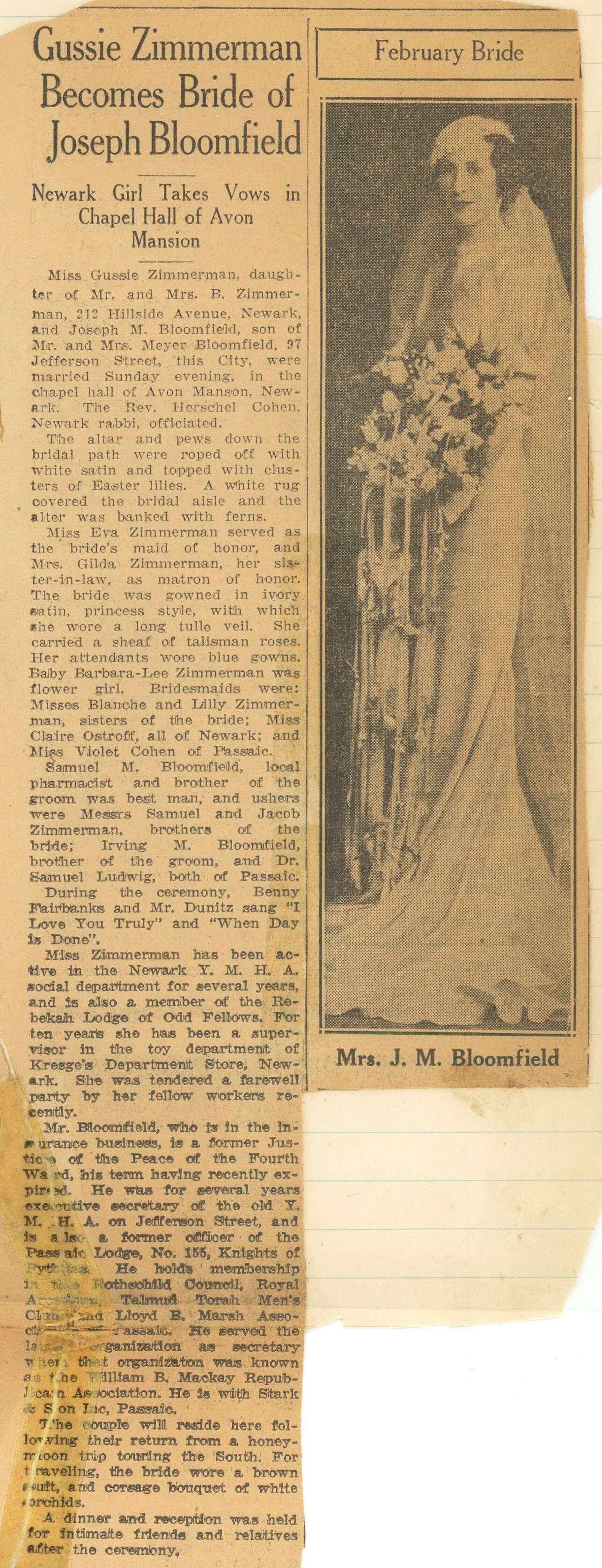 Avon Mansion Newark New Jersey, 1936, wedding Gussie Zimmerman, Joseph M. Bloomfield, Eva & Gilda Zimmerman, Barbara-Lee Zimmerman, Blanche & Lilly Zimmerman, Claire Ostroff, Violet Cohen, Samuel & Irving Bloomfield, Samuel & Jacob Zimmerman, Samuel Ludwig, Rebekah Lodge of Odd Fellows, Violet Cohen, YMHA Passaic