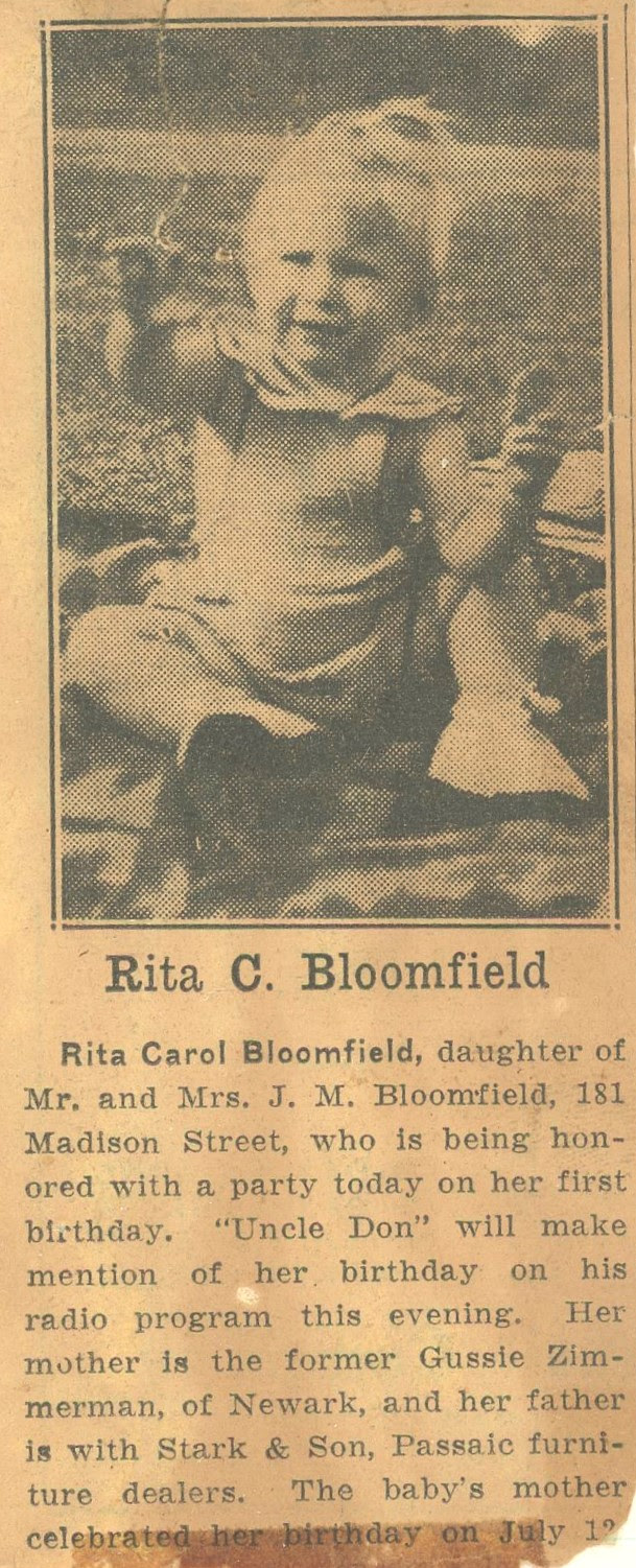 Northern New Jersey, Rita Carol Bloomfield birthday, J. M. Bloomfield, 181 Madison St, Stark & Son furniture, Passaic, "Uncle Don" radio show, Gussie Zimmerman