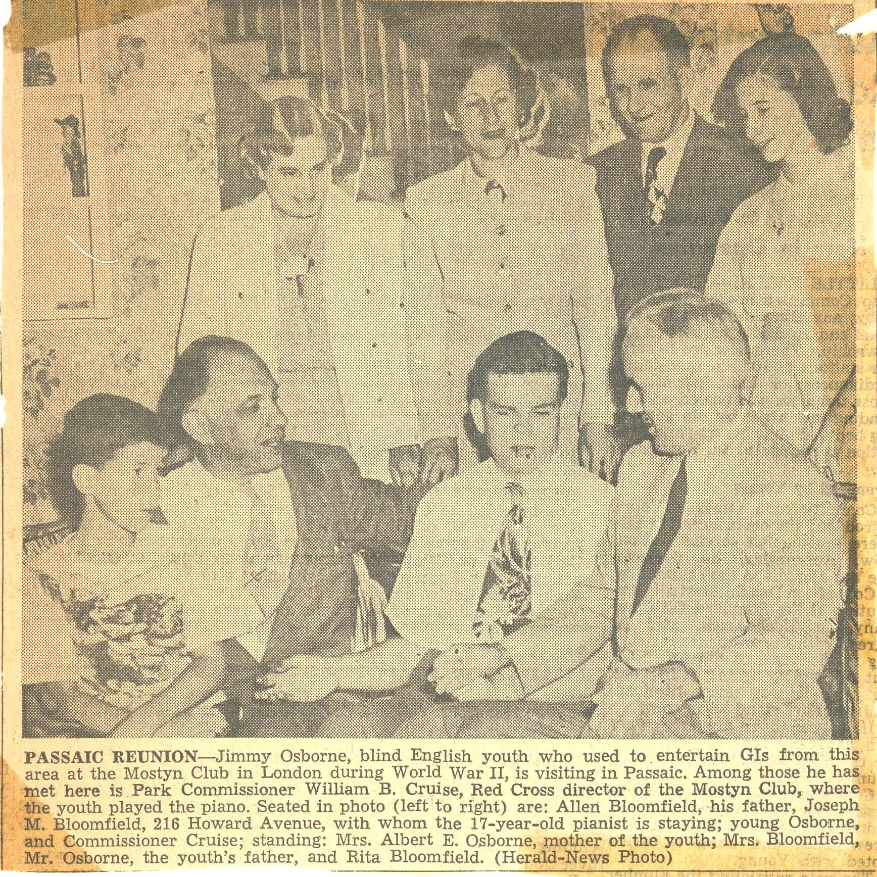 Passaic New Jersey, Jimmy Osborne Mostyn Club London WWII, Park Commissioner William B. Cruise, Allen Bloomfield, Joesph M. Bloomfield, Mrs. & Mrs. Albert E. Osborne, Rita Bloomfield, Herald-News