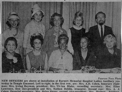 1964, Barnert Memorial Hospital Ladies' Auxiliary, Mrs. A.D. Cohen, Mrs. Irving Hayman, Mrs. Vivian Blake, Mrs. Elias Lawrence, Mrs. Nathan Doblin, Mrs. A.J. Cohen, Mrs. Helen Singer, Mrs. Herbert Salzberg, Mrs. Milton Weller, Rabbi Martin Friedman, Mrs. Maurice Shinefield, Mrs. Meyer Mackler